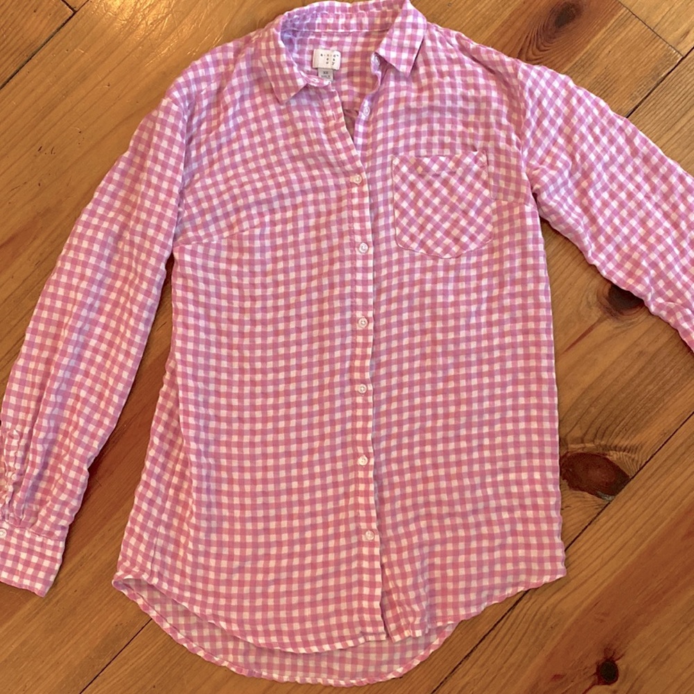 Pink and white gingham shirt, button down, super-soft, XS, excellent condition